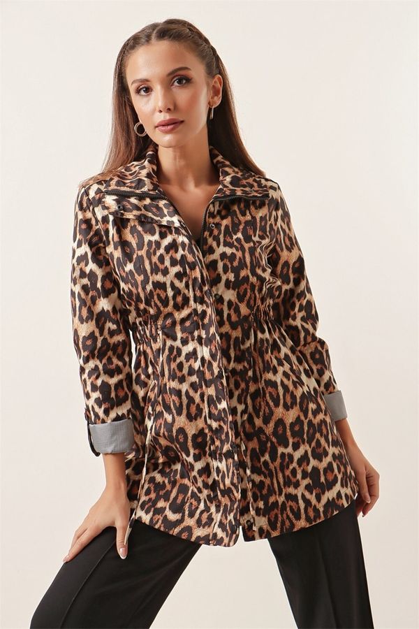 By Saygı By Saygı Leopard Pattern Sleeve Fold Pocket Trench Coat Wide Size Range Brown
