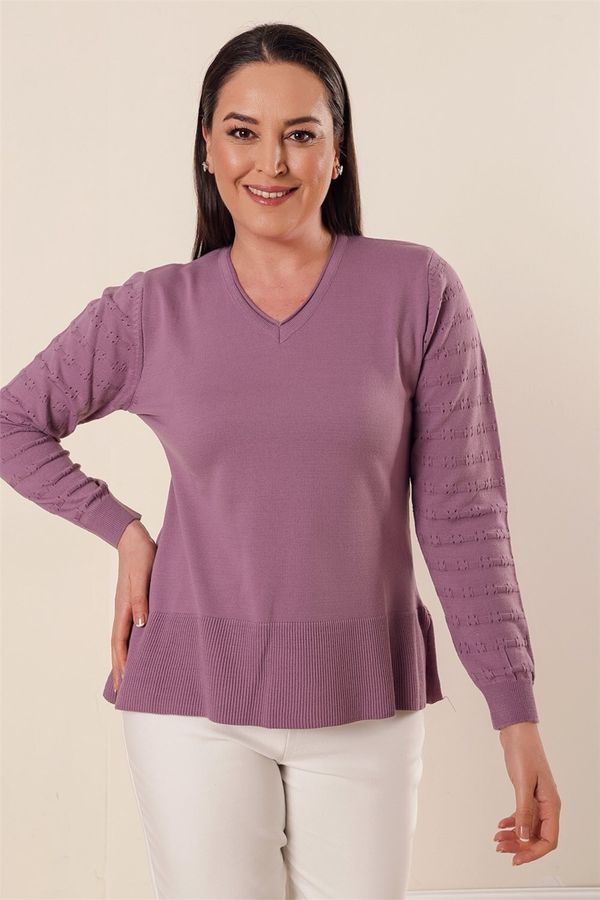 By Saygı By Saygı Lilac V-Neck Sleeves Patterned Plus Size Acrylic Sweater with Side Slits
