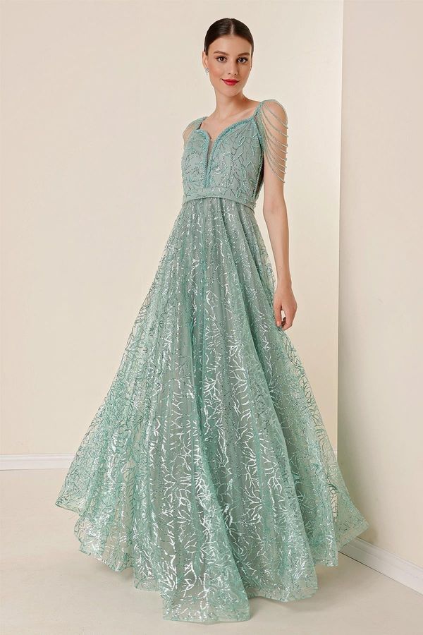 By Saygı By Saygı Lined with Beads, Glitter Flocked Print Long Dress