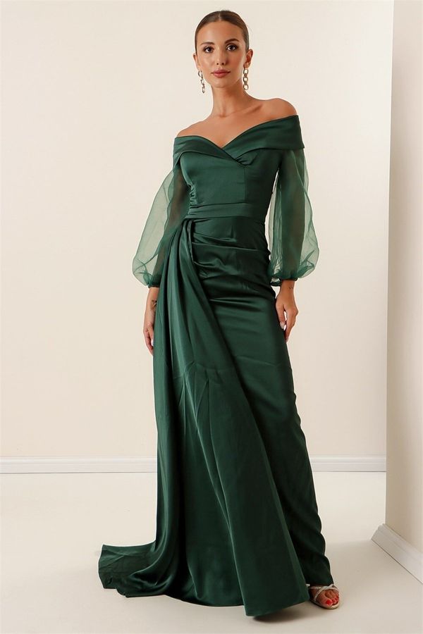 By Saygı By Saygı Madonna Collar Lined Organza Sleeve Crepe Satin Long Dress Emerald