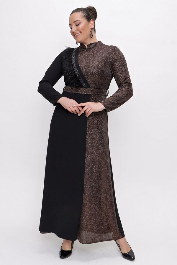 By Saygı By Saygı Magnificent Collar, Stone and Feather Detail, Belted Waist, Semi Silvery Plus Size Long Dress