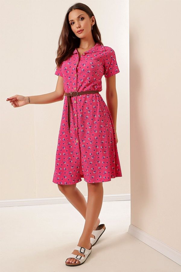 By Saygı By Saygı Mini Floral Short Sleeve Seekers Dress with a Belt and Buttons in the Front Fuchsia