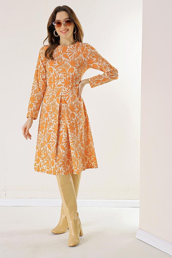 By Saygı By Saygı Mixed Pattern Fakir Sleeve Single Pleat Woven Lycra Viscose Dress