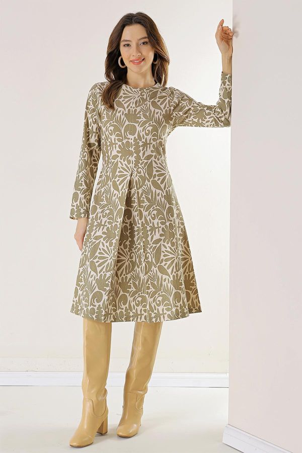 By Saygı By Saygı Mixed Pattern Fakir Sleeve Single Pleat Woven Lycra Viscose Dress