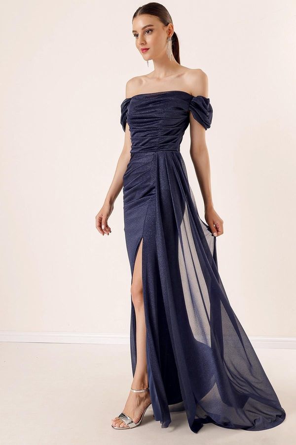 By Saygı By Saygı Navy Blue Lined Long Sleeve Glittering Dress With Pleats