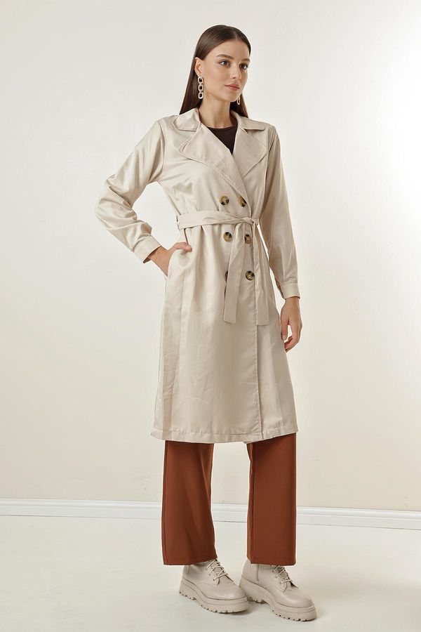 By Saygı By Saygı Notched Collar Waist Belted Pocket Soft Cotton Trench Coat