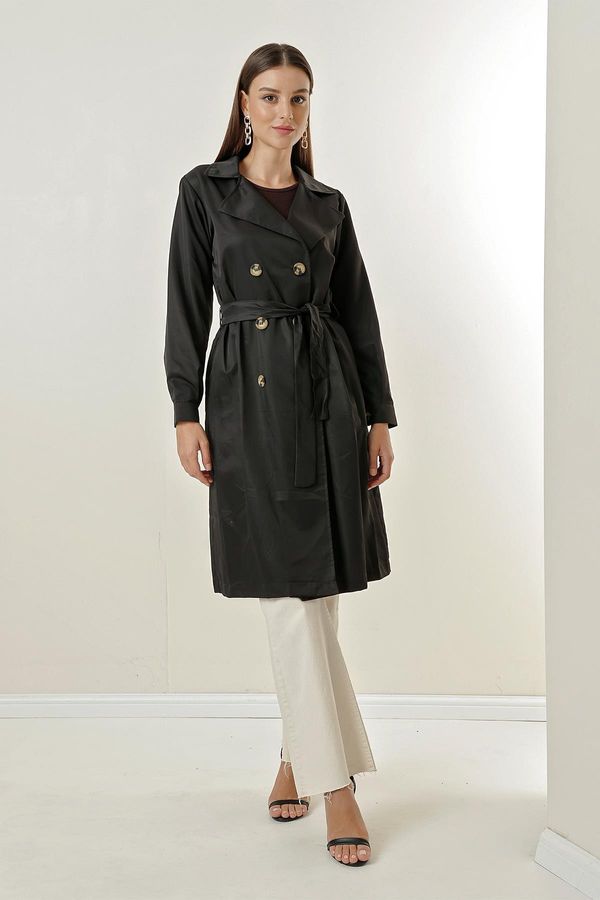 By Saygı By Saygı Notched Collar Waist Belted, Pocket Soft Cotton Trench Coat.