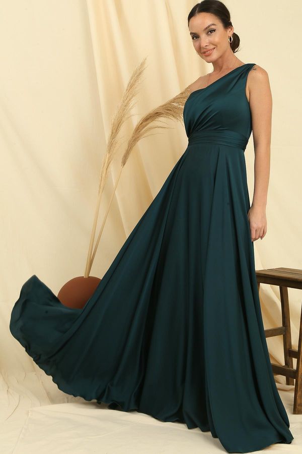 By Saygı By Saygı One Shoulder Draped Lined Wide Size Crepe Satin Long Dress