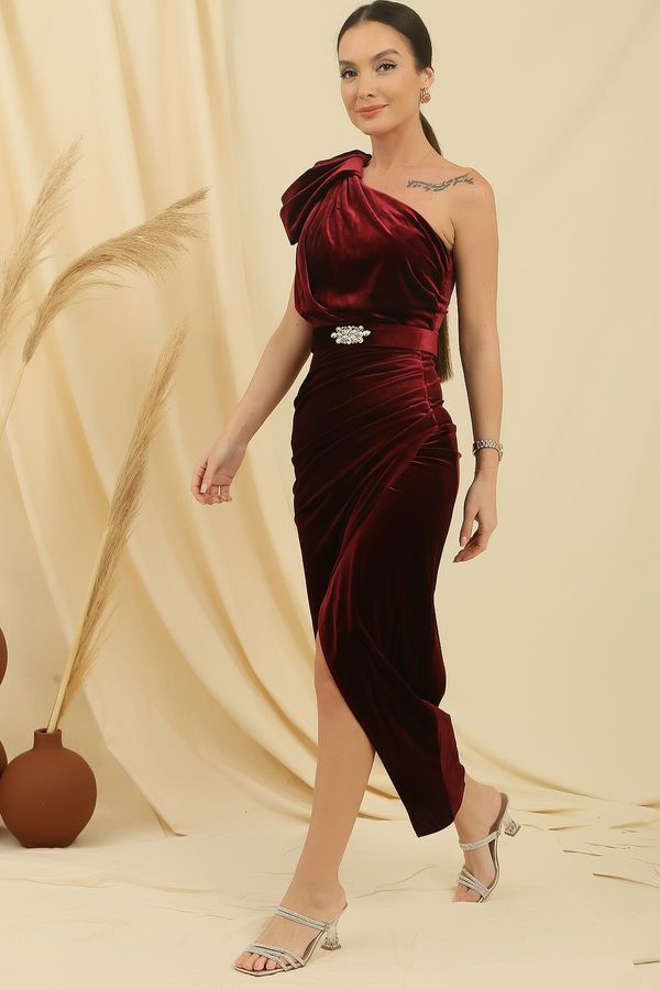 By Saygı By Saygı One-Shoulder Waist with a Belt and Draped Long Corduroy Dress.