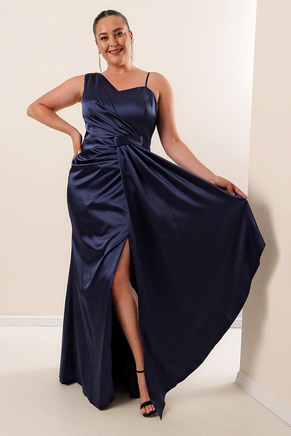 By Saygı By Saygı One Side Rope Strap, Gathered Front, Lined Plus Size Long Satin Dress Navy Blue