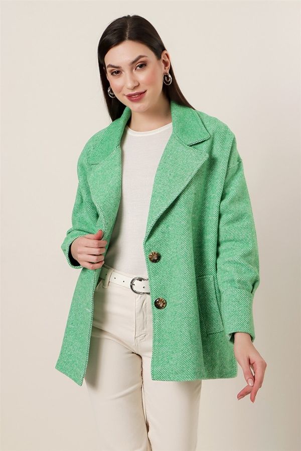 By Saygı By Saygı Oversize Lined Stamped Jacket with Pockets with Cuff Sleeves, Green
