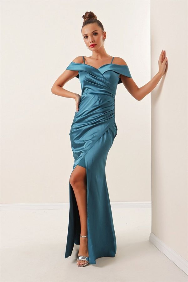By Saygı By Saygı Pleated Lined Satin Long Dress With Boat Neck Skirt Turquoise