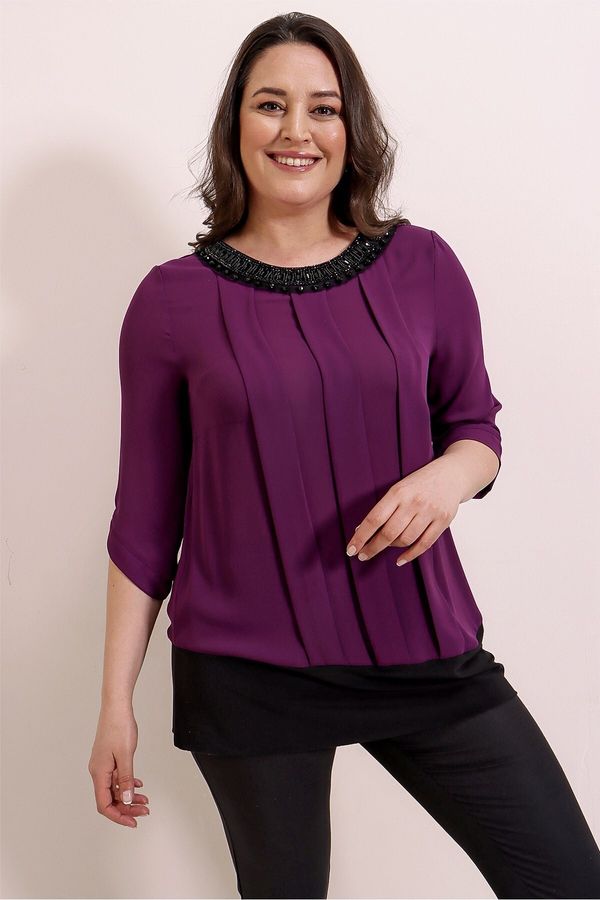 By Saygı By Saygı Plus Size Chiffon Blouse with Beaded Collar and Front Pleated