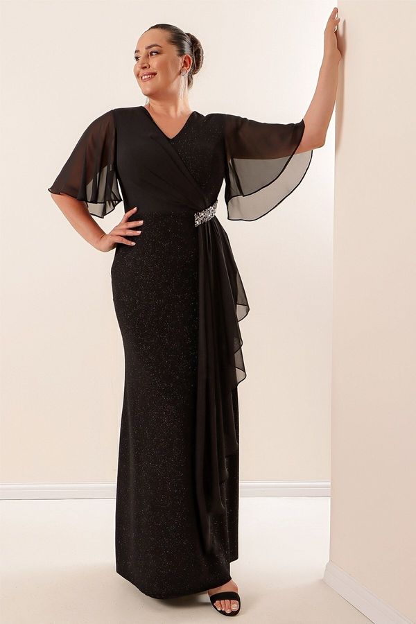 By Saygı By Saygı Plus Size Glittery Long Dress with Chiffon Sleeves and Stone Accessory Lined Wide Sizes Saks.
