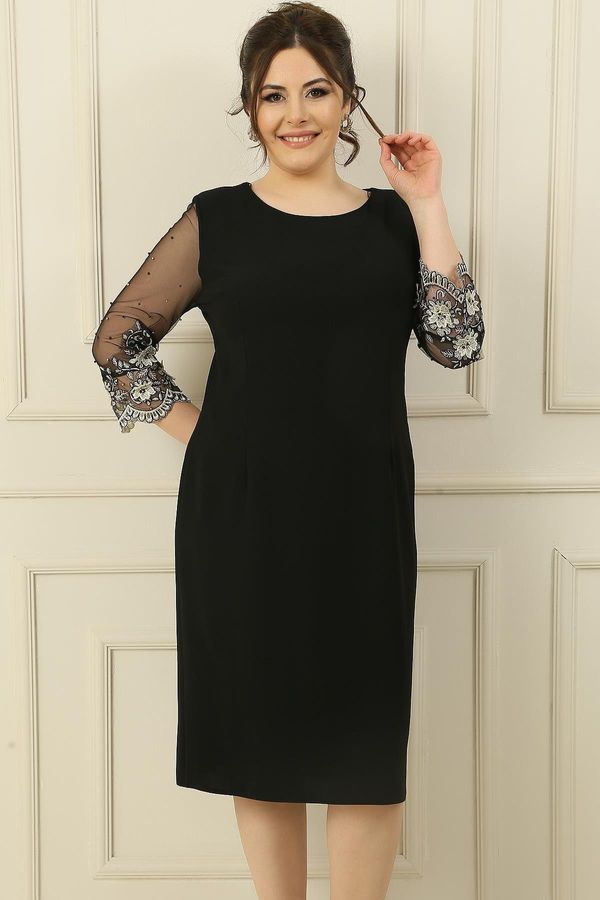 By Saygı By Saygı Plus Size Lined Dress With Tulle Beads And Floral Embroidery On The Sleeves