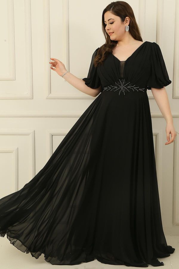 By Saygı By Saygı Plus Size Long Chiffon Dress With A V-Neck Front Beaded Waist Draped and Lined Front Back