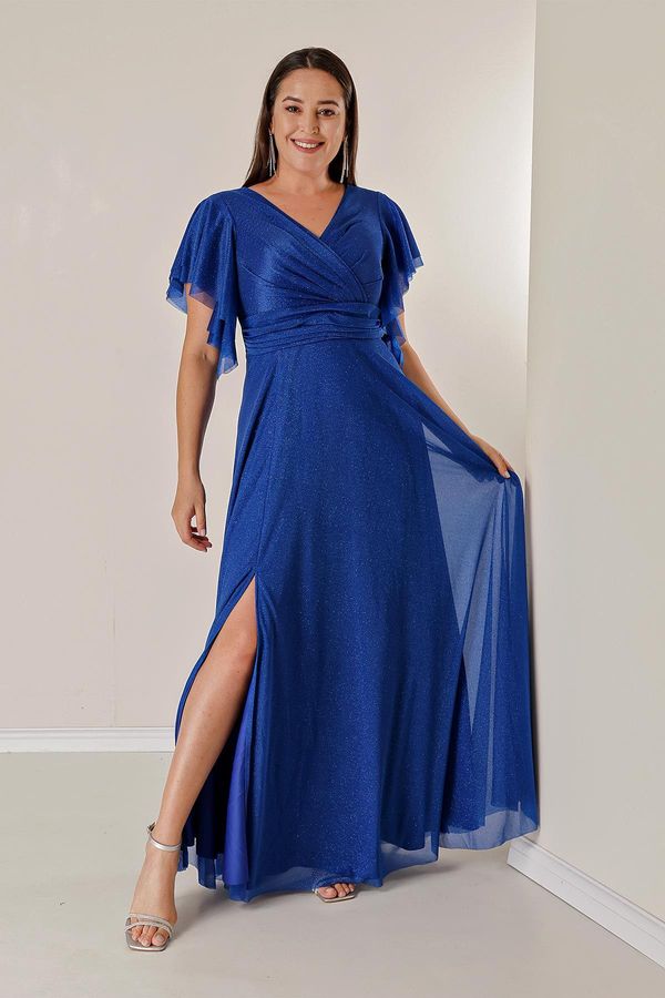 By Saygı By Saygı Plus Size Long Glittery Dress with a Double Breasted Collar Draping and Linen