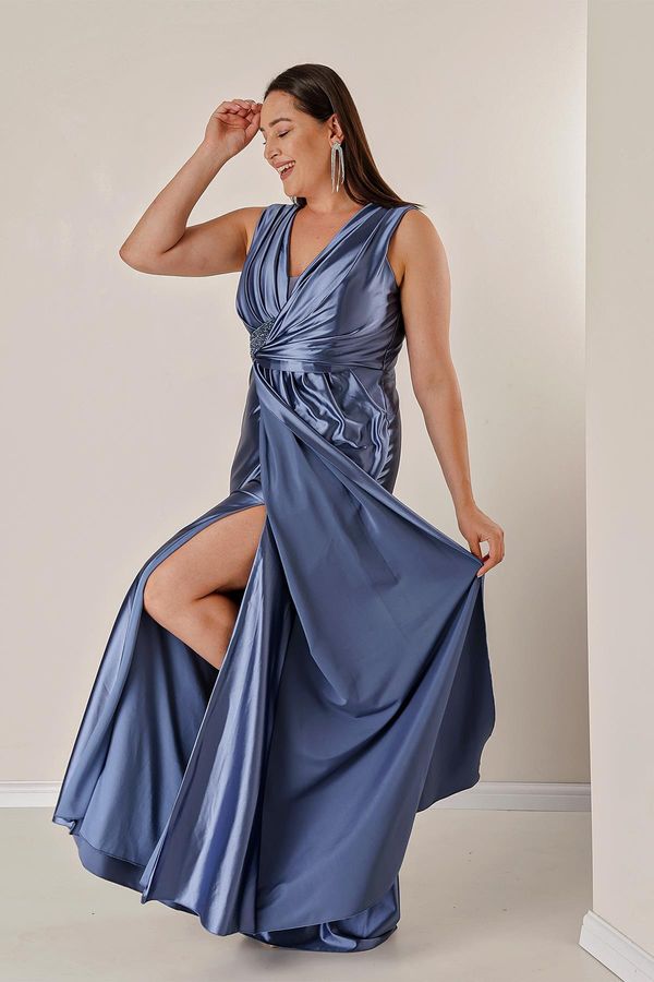By Saygı By Saygı Plus Size Long Satin Dress With Bead Detail Lined Front Draped