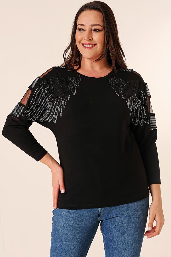 By Saygı By Saygı Plus Size Strawberry Blouse with Stone Wing Print on the Front and Low-cut Sleeves