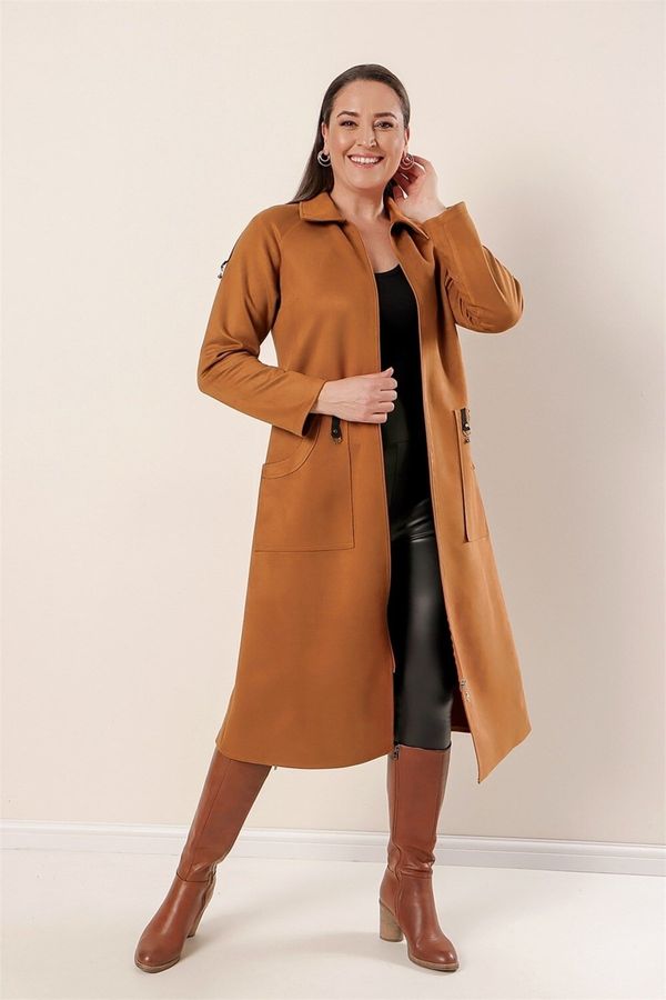 By Saygı By Saygı Plus Size Suede Coat Green with Stripes on the Shoulders, Zippered Front with Pockets.