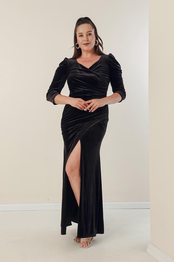 By Saygı By Saygı Plus Size Velvet Long Dress With Double Breasted Collar Front Draped