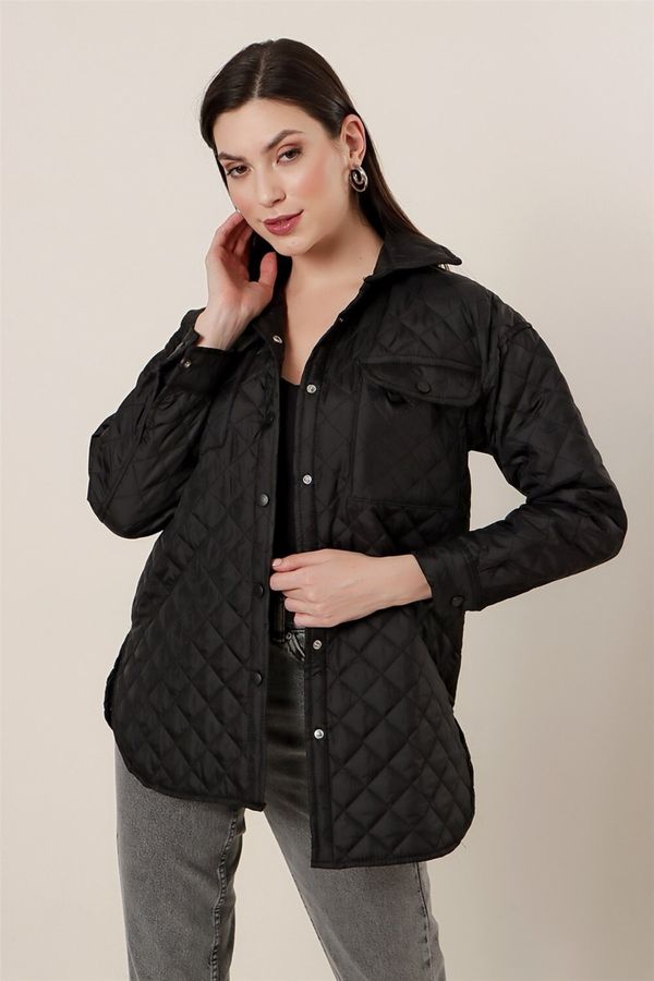 By Saygı By Saygı Pockets with Snap Fastener, Checkered Patterned Quilted Coat Black
