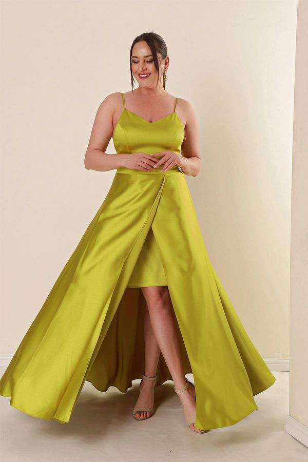 By Saygı By Saygı Rope Strap Lined Plus Size Long Satin Dress Pistachio Green With Front Slit