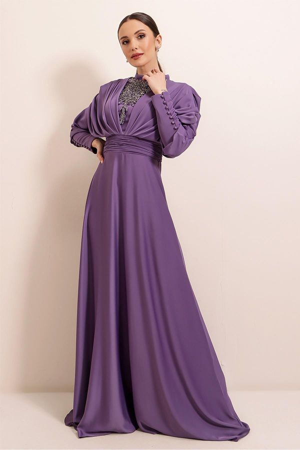 By Saygı By Saygı Satin Long Dress with Gathered Sleeves, Button Detail, Lined and Beaded Front