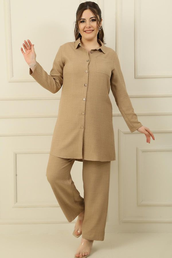 By Saygı By Saygı Single Pocket Double Sleeve Shirt Elastic Waist Palazzo Trousers Linen Effect Plus Size 2 Set