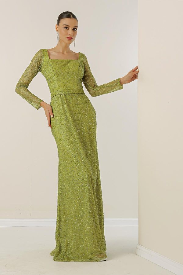 By Saygı By Saygı Square Collar, Lined, Wide Size Evening Long Dress with Cut Stones.