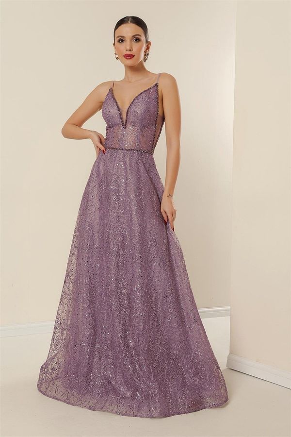 By Saygı By Saygı String Strap Lined Bead Detailed Embroidery Sequin Long Dress Lilac