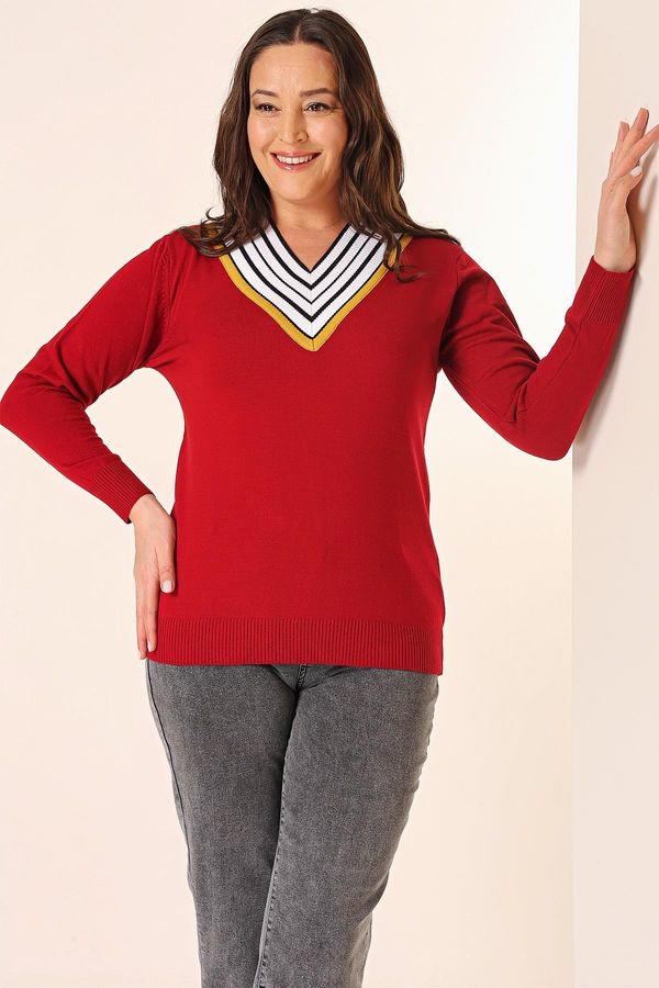 By Saygı By Saygı Striped V-Neck Plus Size Knitwear Sweater