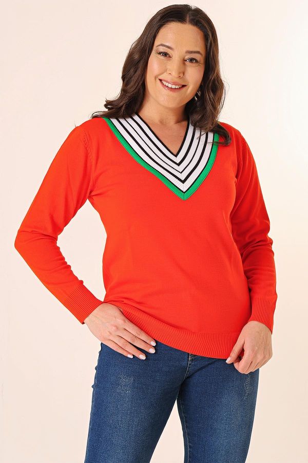By Saygı By Saygı Striped V-Neck Plus Size Knitwear Sweater