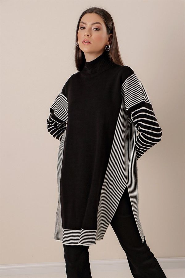 By Saygı By Saygı Turtleneck Striped Acrylic Dress Black and White with Side Slits
