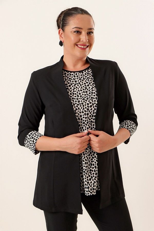 By Saygı By Saygı Undershirt And Jacket Sleeve Ends Leopard Patterned Crepe Plus Size 2 Pcs Set Black