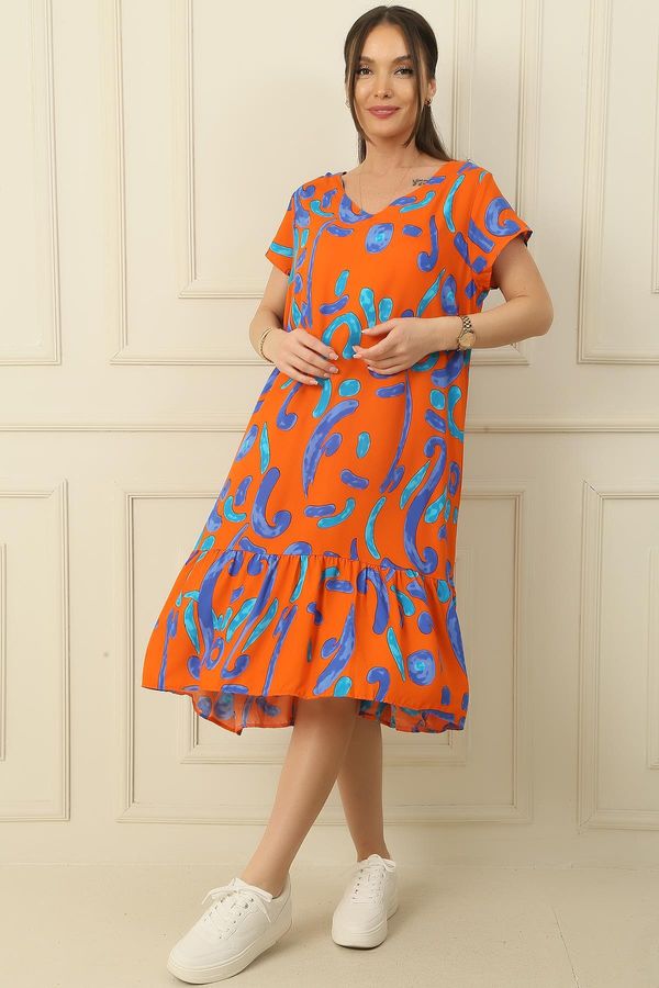 By Saygı By Saygı V-neck Abstract Pattern Skirt Pleated Oversize Comfortable Fit Viscose Dress