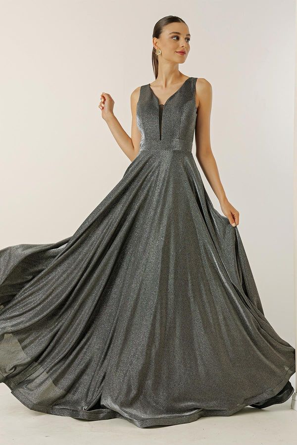 By Saygı By Saygı V Neck Imaginary Tulle Silvery Lined Evening Dress