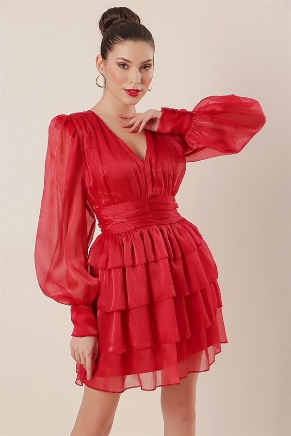 By Saygı By Saygı V Neck Lined Frilly Organza Dress Red