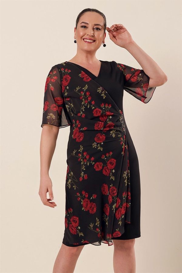 By Saygı By Saygı V-Neck Lined Rose Patterned Chiffon Stone Detailed Lycra Plus Size Dress Black