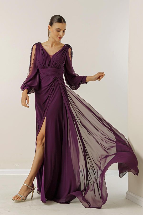 By Saygı By Saygı V-Neck Long Evening Chiffon Dress with Draping and Lined Sleeves.
