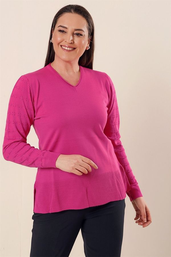 By Saygı By Saygı V-Neck Sleeve Patterned Plus Size Acrylic Sweater Fuchsia with Side Slits