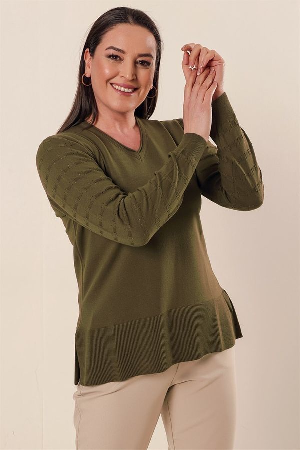 By Saygı By Saygı V Neck Sleeve Patterned Plus Size Acrylic Sweater Khaki with Side Slits