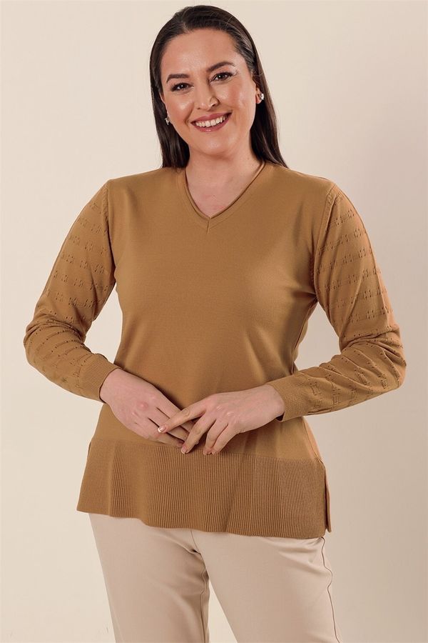 By Saygı By Saygı V Neck Sleeve Patterned Plus Size Acrylic Sweater Mink With Slits in the Sides