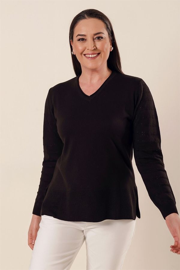 By Saygı By Saygı V-Neck Sleeve Patterned Plus Size Acrylic Sweater with Side Slits Black