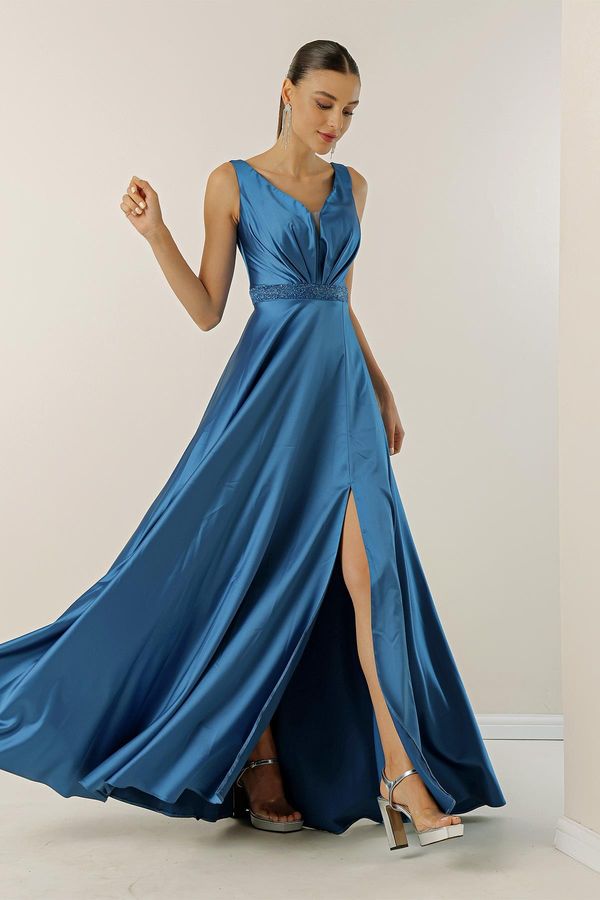 By Saygı By Saygı V-Neck Thick Straps Waist Beaded Lined Wide-body Interval Long Satin Dress