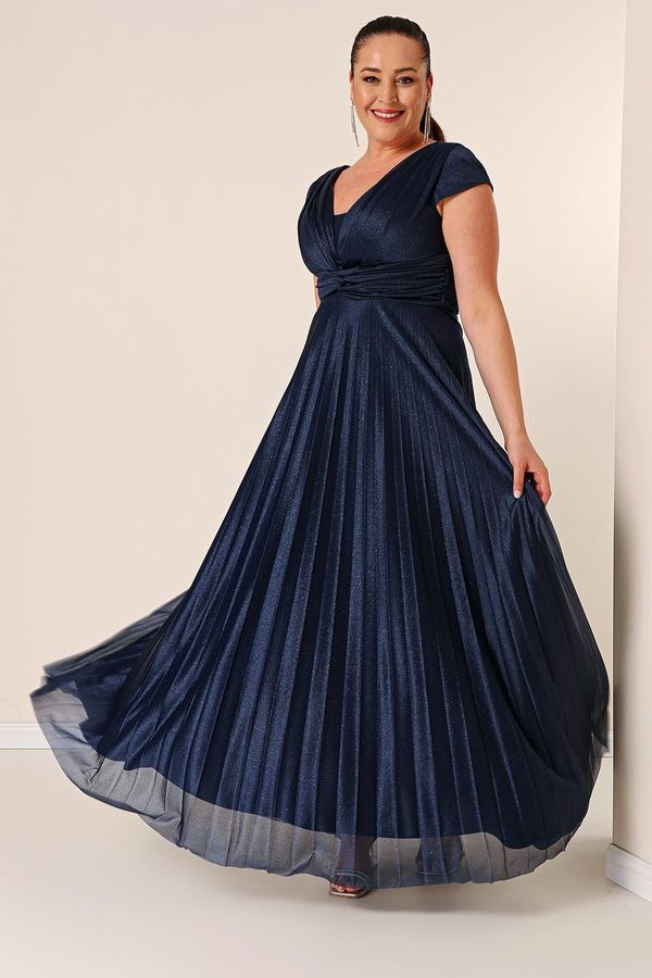 By Saygı By Saygı V-Neck Waist and Front Draped Lined Pleated Glitter Long Crepe Dress