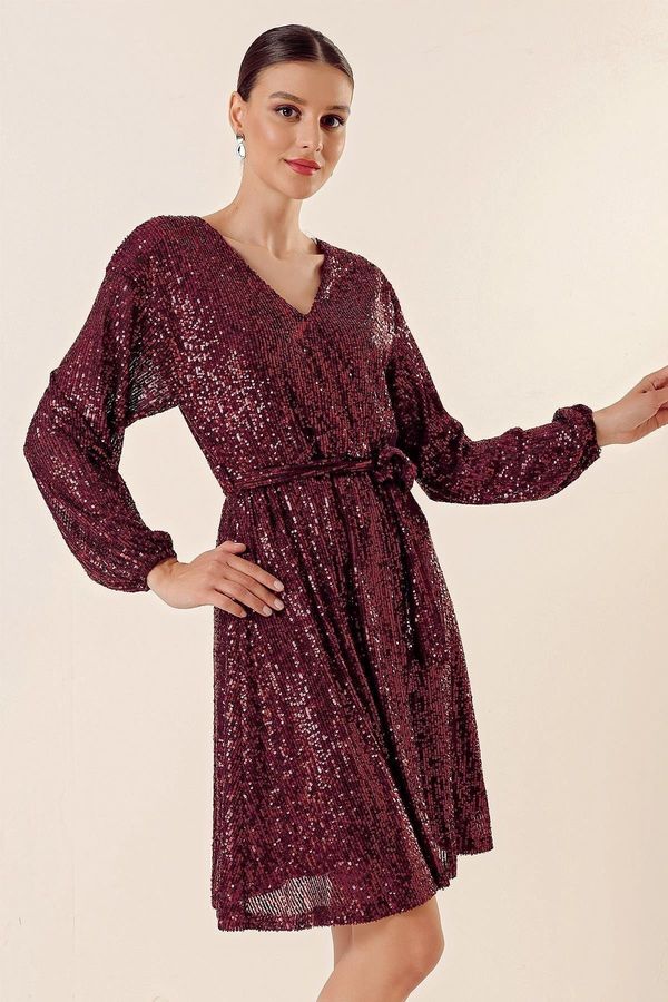 By Saygı By Saygı V-Neck Waist Belted Lined Stuffed Short Dress Burgundy