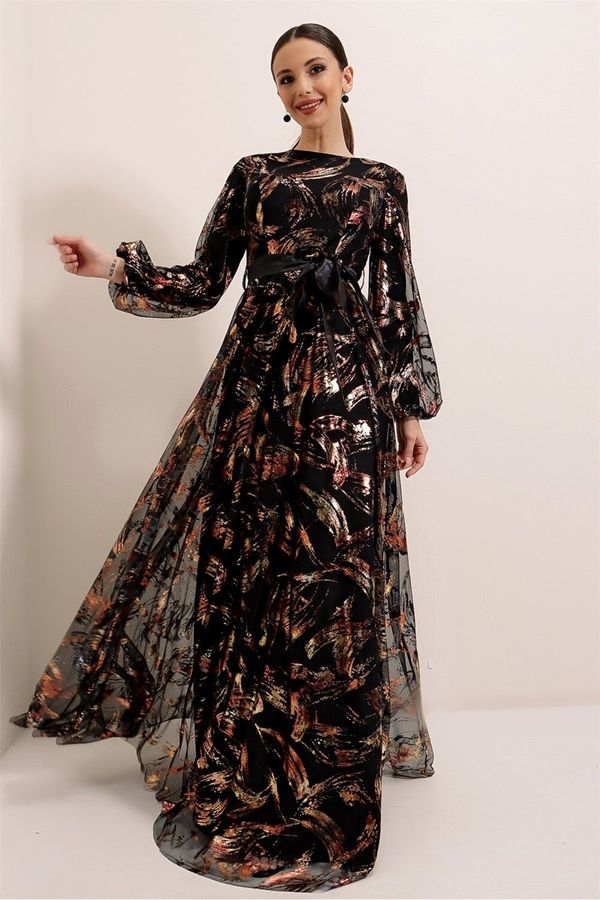 By Saygı By Saygı Waist Belted Lined Gilded Long Dress Black-bronze