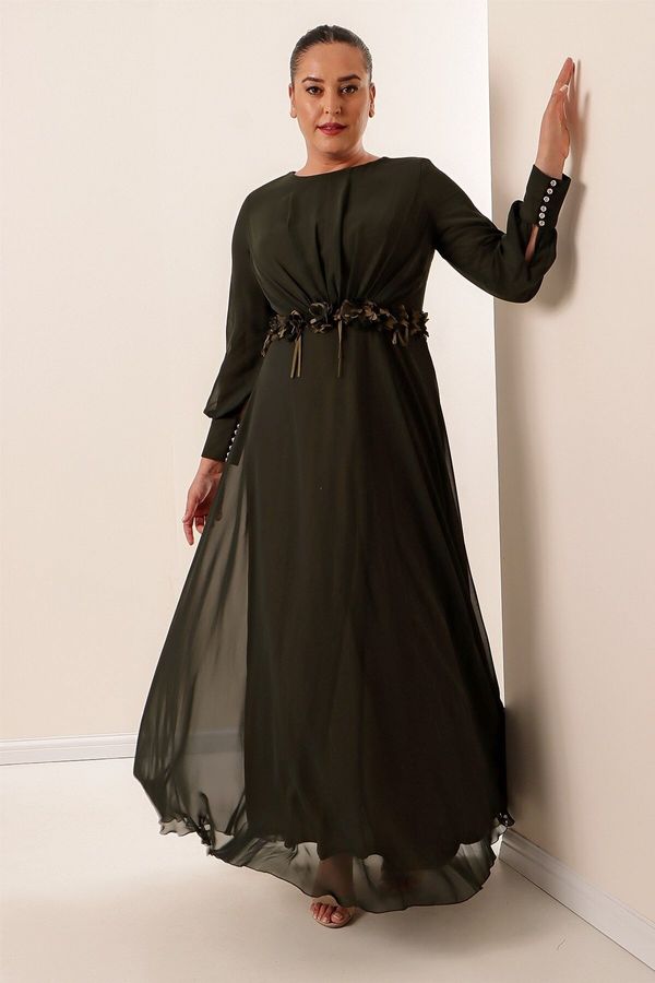 By Saygı By Saygı Waist Floral Detailed Lined Long Chiffon Dress Large Size Dark Indigo