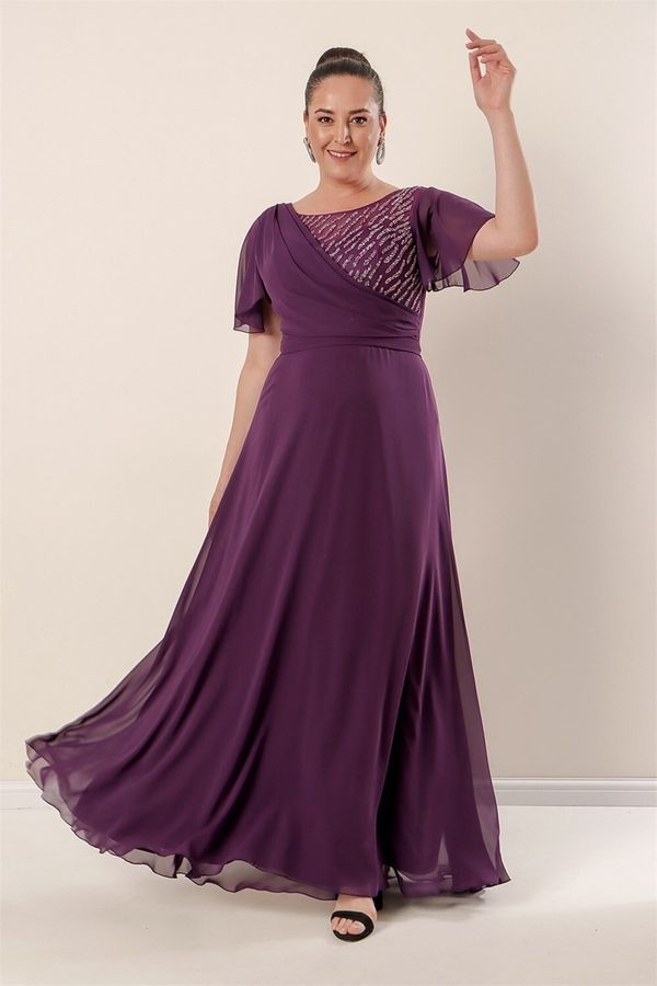 By Saygı By Saygı Wide Size Range Damson Long Plus Size Chiffon Front Beaded Embroidered Lining